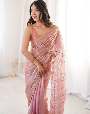 Pink tissue embridered saree with unstitched blouse piece 3