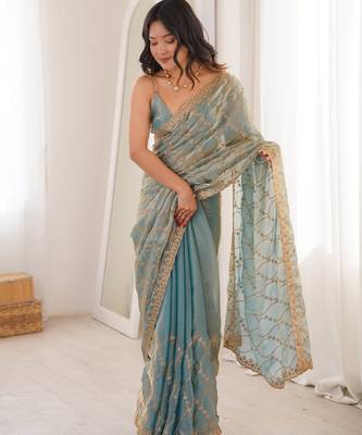 Sky blue tissue embridered saree with unstitched blouse piece 4