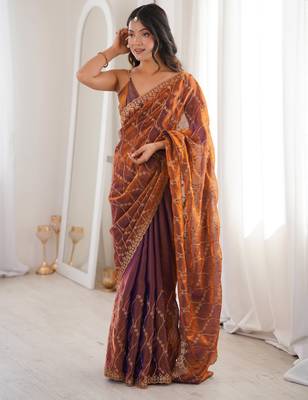 Rust tissue embridered saree with unstitched blouse piece 5