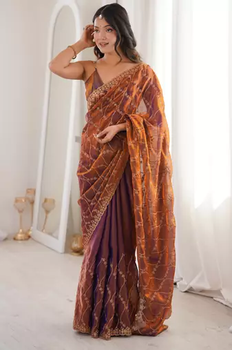 Rust tissue embridered saree with unstitched blouse piece
