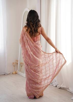 Pink tissue embridered saree with unstitched blouse piece 4
