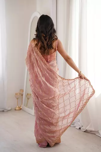Pink tissue embridered saree with unstitched blouse piece