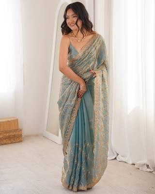 Sky blue tissue embridered saree with unstitched blouse piece 5