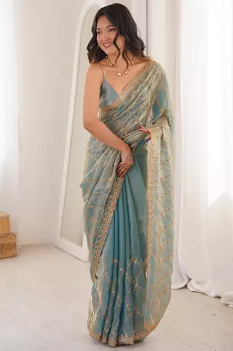 Sky blue tissue embridered saree with unstitched blouse piece