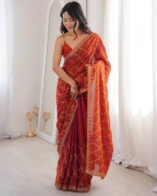 Orange tissue embridered saree with unstitched blouse piece 2
