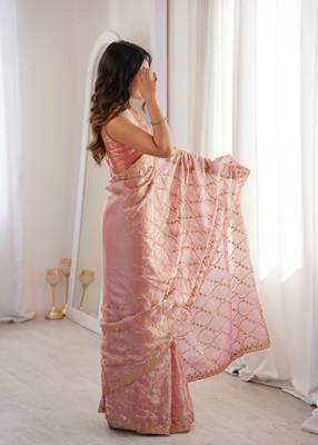 Pink tissue embridered saree with unstitched blouse piece 5
