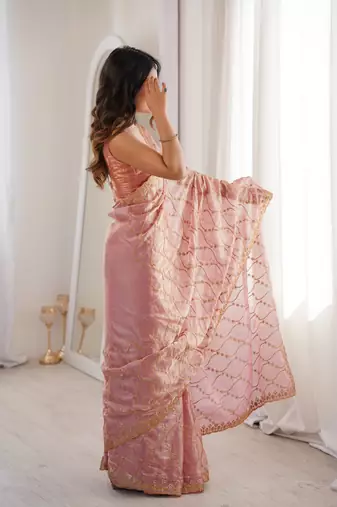 Pink tissue embridered saree with unstitched blouse piece