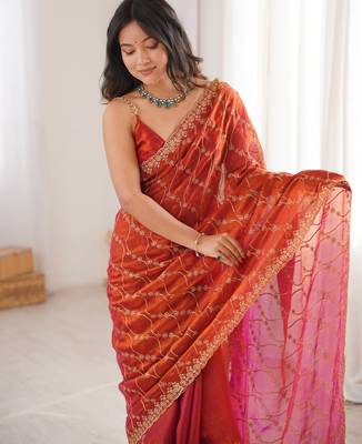 Orange tissue embridered saree with unstitched blouse piece 3