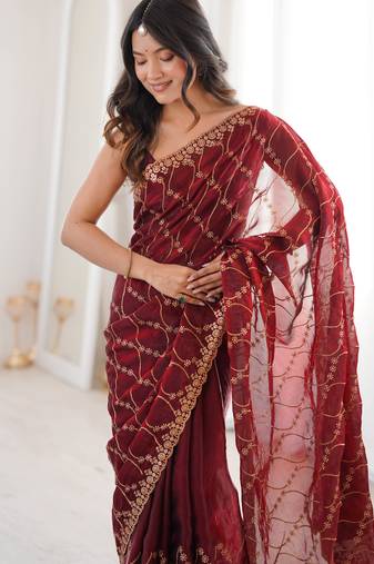 Maroon tissue embridered saree with unstitched blouse piece