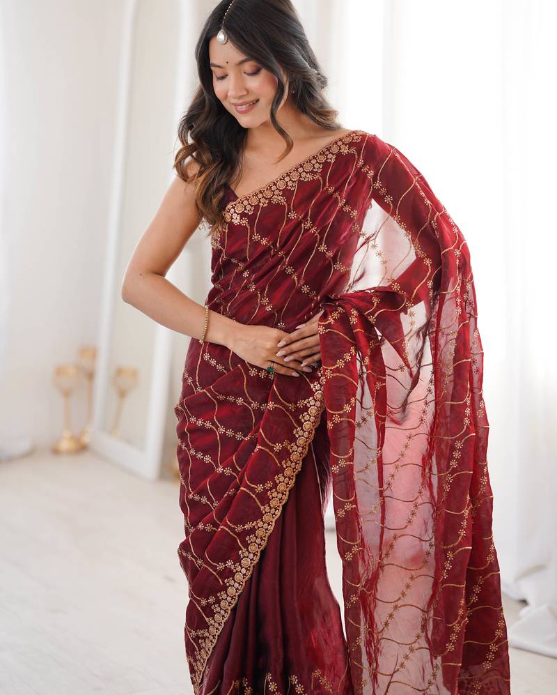 Maroon tissue embridered saree with unstitched blouse piece