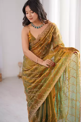 Gold tissue embridered saree with unstitched blouse piece