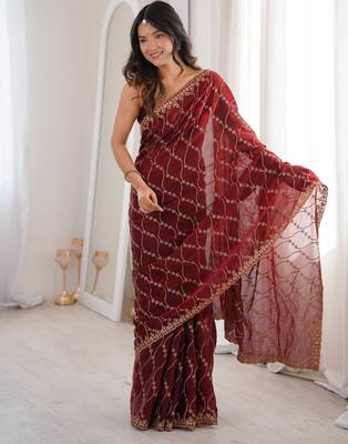 Maroon tissue embridered saree with unstitched blouse piece 2