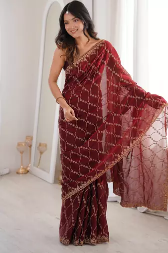 Maroon tissue embridered saree with unstitched blouse piece