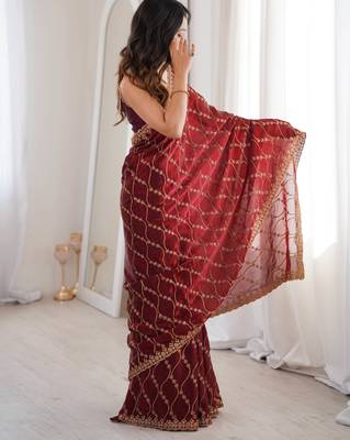 Maroon tissue embridered saree with unstitched blouse piece 3