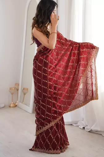 Maroon tissue embridered saree with unstitched blouse piece