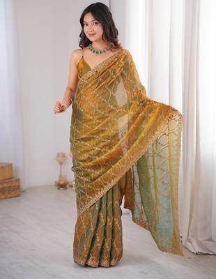 Gold tissue embridered saree with unstitched blouse piece 2