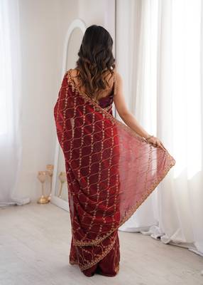 Maroon tissue embridered saree with unstitched blouse piece 4