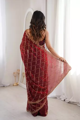 Maroon tissue embridered saree with unstitched blouse piece