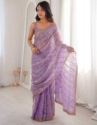 Lavender tissue embridered saree with unstitched blouse piece 2