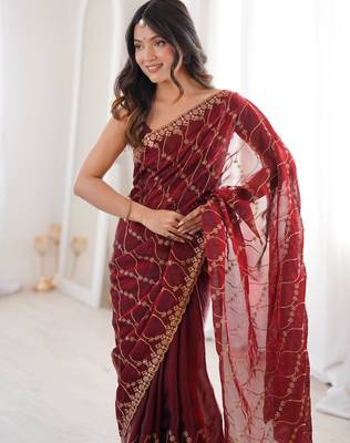 Maroon tissue embridered saree with unstitched blouse piece 5