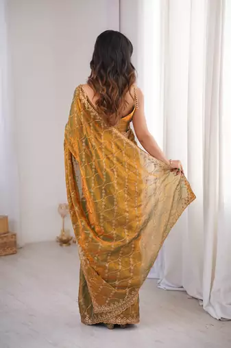 Gold tissue embridered saree with unstitched blouse piece