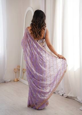 Lavender tissue embridered saree with unstitched blouse piece 3