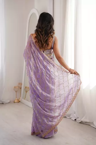 Lavender tissue embridered saree with unstitched blouse piece
