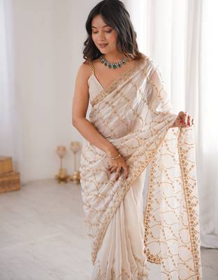 Cream tissue embridered saree with unstitched blouse piece 5