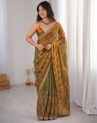 Gold tissue embridered saree with unstitched blouse piece 5