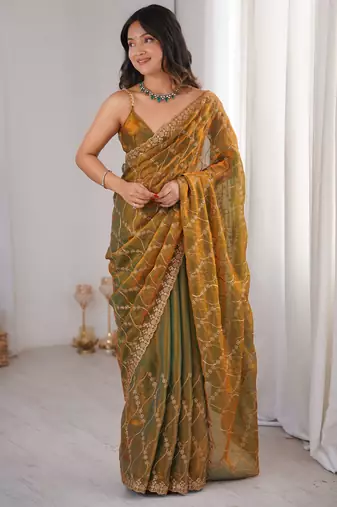 Gold tissue embridered saree with unstitched blouse piece