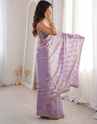 Lavender tissue embridered saree with unstitched blouse piece 4