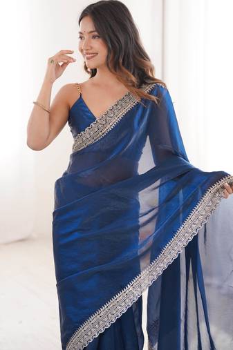 Blue tissue embridered saree with unstitched blouse piece