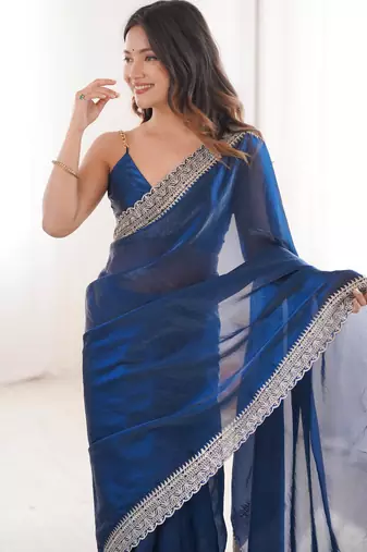 Blue tissue embridered saree with unstitched blouse piece