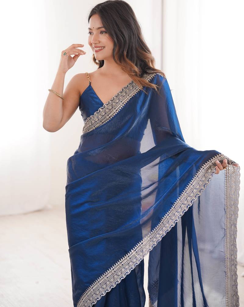 Blue tissue embridered saree with unstitched blouse piece