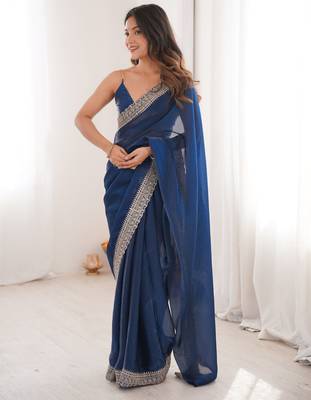 Blue tissue embridered saree with unstitched blouse piece 2