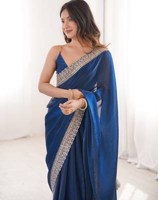 Blue tissue embridered saree with unstitched blouse piece 3