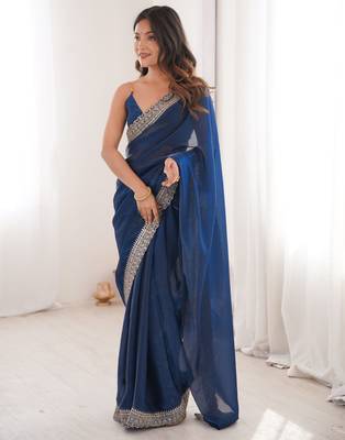Blue tissue embridered saree with unstitched blouse piece 4