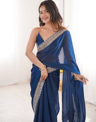 Blue tissue embridered saree with unstitched blouse piece 5