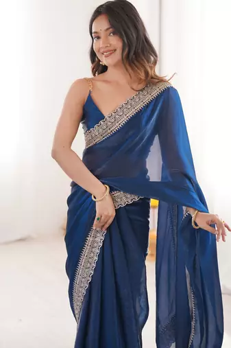 Blue tissue embridered saree with unstitched blouse piece
