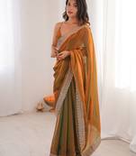 Gold tissue embridered saree with unstitched blouse piece