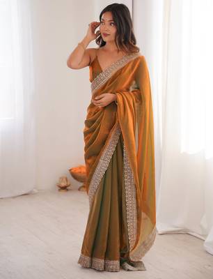 Gold tissue embridered saree with unstitched blouse piece 5