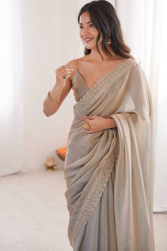 Grey tissue embridered saree with unstitched blouse piece