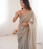 Grey tissue embridered saree with unstitched blouse piece