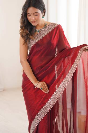 Maroon tissue embridered saree with unstitched blouse piece