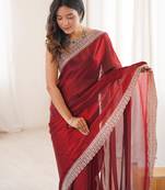 Maroon tissue embridered saree with unstitched blouse piece