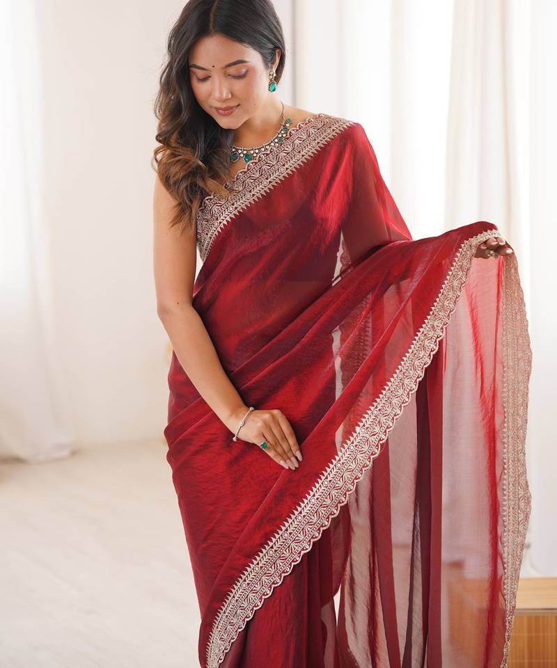 Maroon tissue embridered saree with unstitched blouse piece