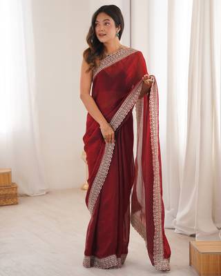 Maroon tissue embridered saree with unstitched blouse piece 2