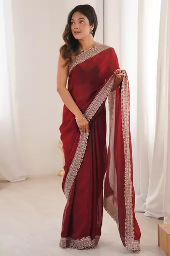 Maroon tissue embridered saree with unstitched blouse piece