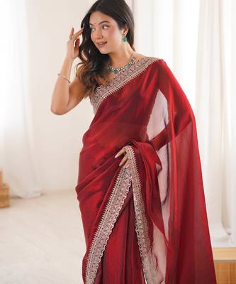 Maroon tissue embridered saree with unstitched blouse piece 4