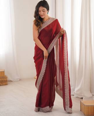 Maroon tissue embridered saree with unstitched blouse piece 5